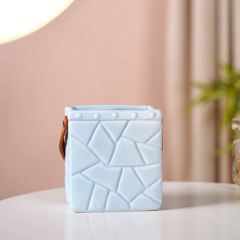Ceramic Bag Shaped Mini Flower Vase For Home Blue- Ceramic Bag Organizer, Blue Organizer Stand, Bag Decor, Ceramic Storage Stand, Blue Organizer