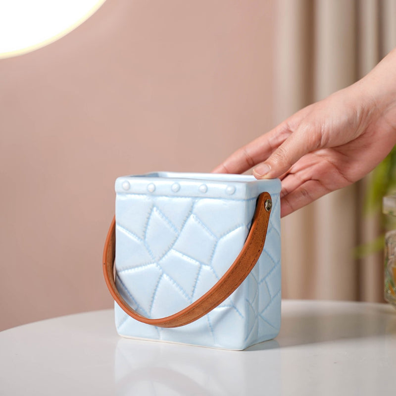 Ceramic Bag Shaped Mini Flower Vase For Home Blue- Ceramic Bag Organizer, Blue Organizer Stand, Bag Decor, Ceramic Storage Stand, Blue Organizer