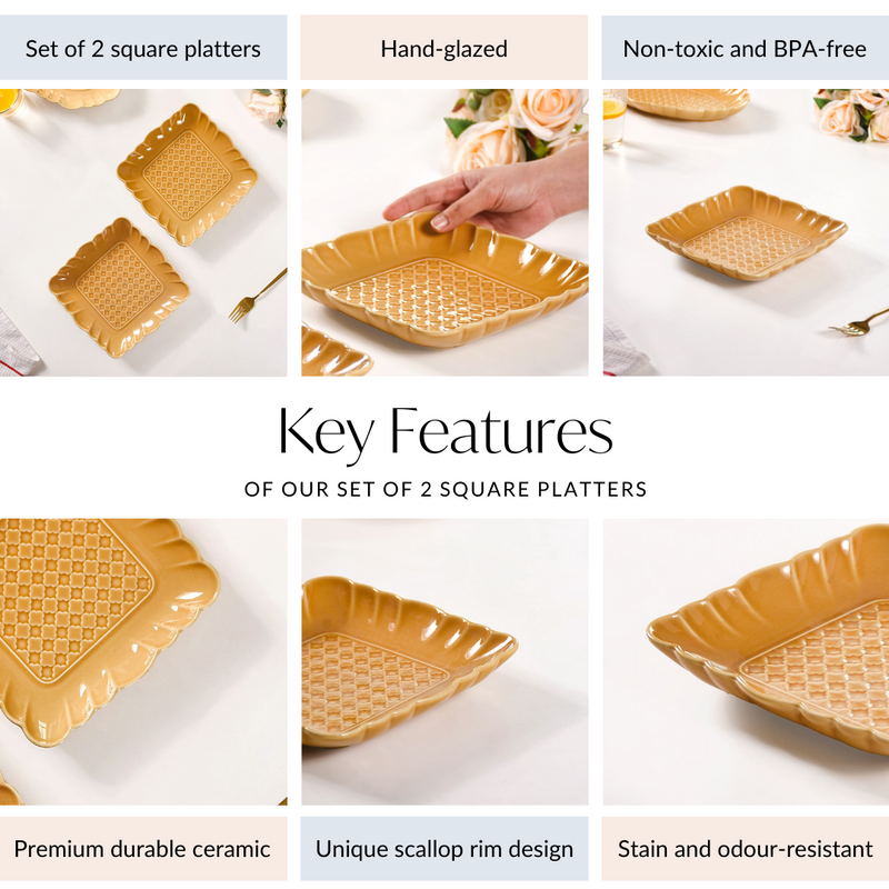 Elegant Scallop Rim Square Platter Set Of 2 Yellow Ochre 8 Inch - Ceramic platter, square platter, yellow platter, ceramic serving platter