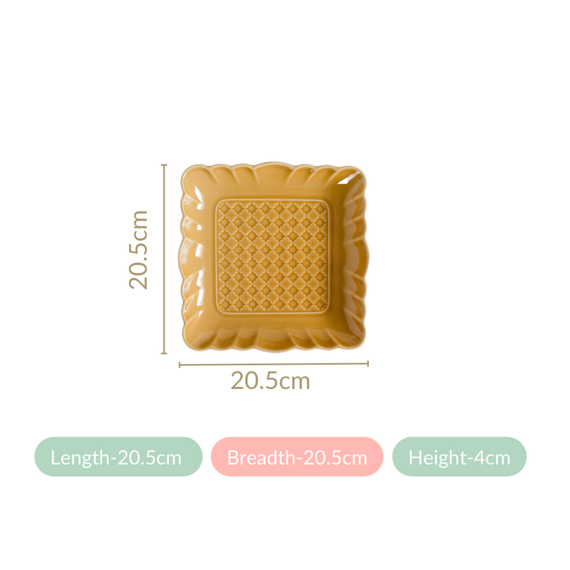 Elegant Scallop Rim Square Platter Set Of 2 Yellow Ochre 8 Inch - Ceramic platter, square platter, yellow platter, ceramic serving platter