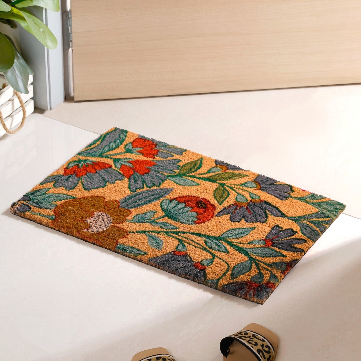 Poppy Blossoms Natural Coir Floor Mat 24x16 Inch
