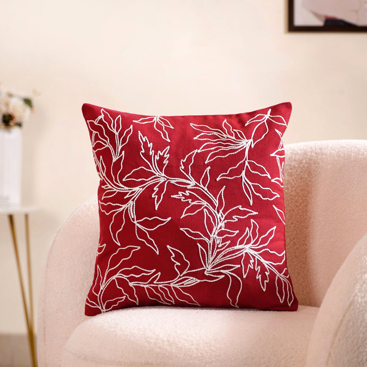 Embroidered Red Couch Cushion Cover 16x16 Inch - Main Image