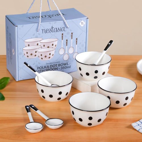 Set Of 4 Polka Dot Soup Bowl With Spoon 350ml