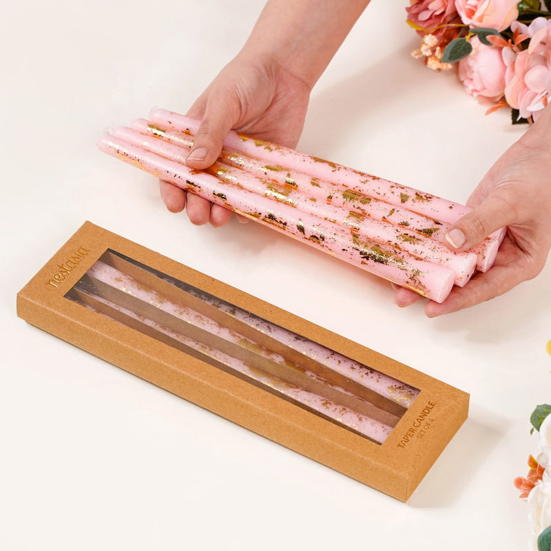 Set Of 8 Gilded Gold Blossom Pink Taper Candles