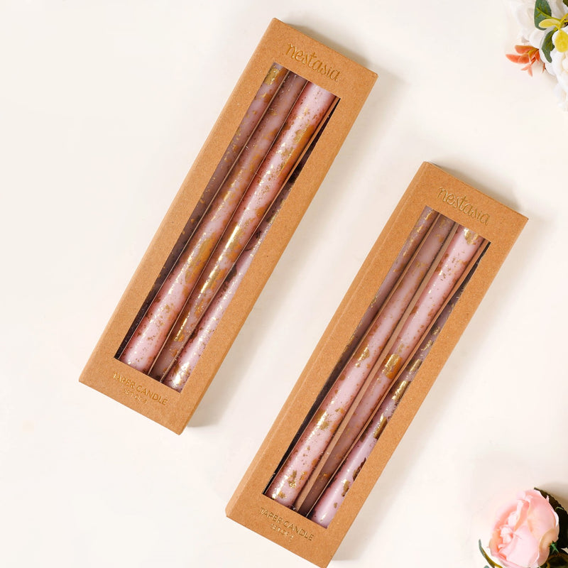 Set Of 8 Gilded Gold Blossom Pink Taper Candles