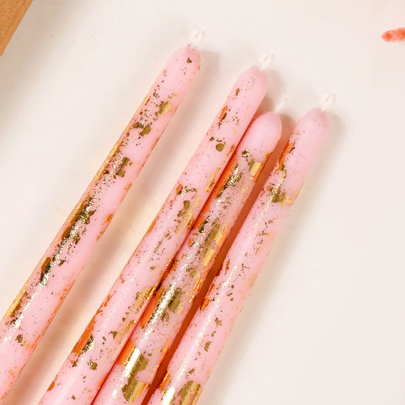 Set Of 8 Gilded Gold Blossom Pink Taper Candles