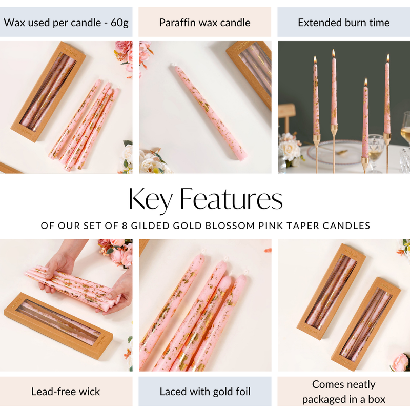 Set Of 8 Gilded Gold Blossom Pink Taper Candles