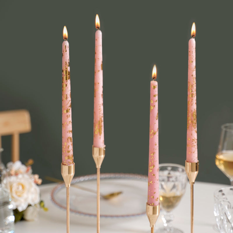 Set Of 8 Gilded Gold Blossom Pink Taper Candles