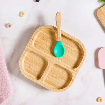 Silicone Suction Wooden Plate For Kids With Spoon