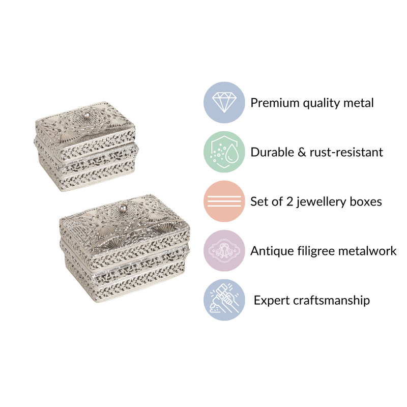Antique Metal Gift Box Silver Set Of 2- Jewellery box, trinket box, silver box, decorative box, metal box, jewellery organiser