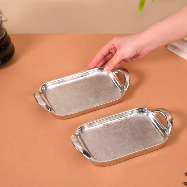 Set Of 2 Silver Tray With Handles Single Serve