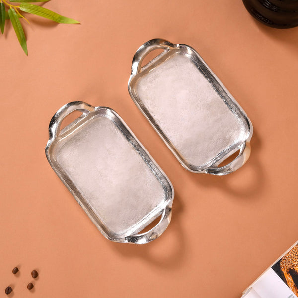 Set Of 2 Silver Tray With Handles Single Serve