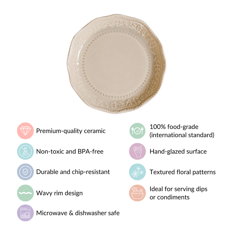 Era Embossed Small Dessert Plate Set Of 6 Beige 4.5" - Dessert plates, small plates, ceramic dessert plates, dessert plate set, dip bowls