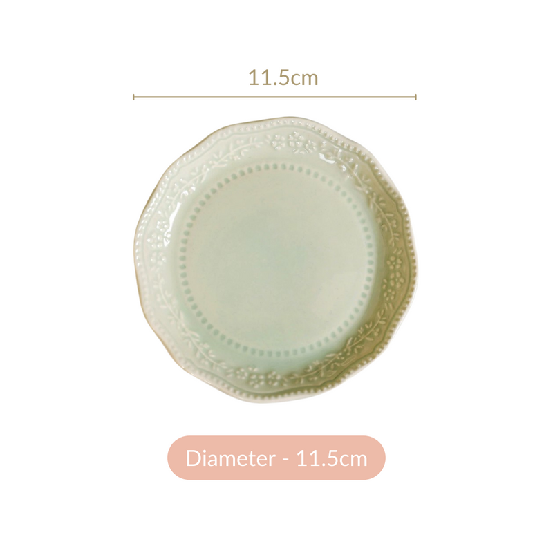 Era Embossed Small Dessert Plate Set Of 6 Light Green 4.5" - Dessert plates, small plates, ceramic dessert plates, dessert plate set, dip bowls