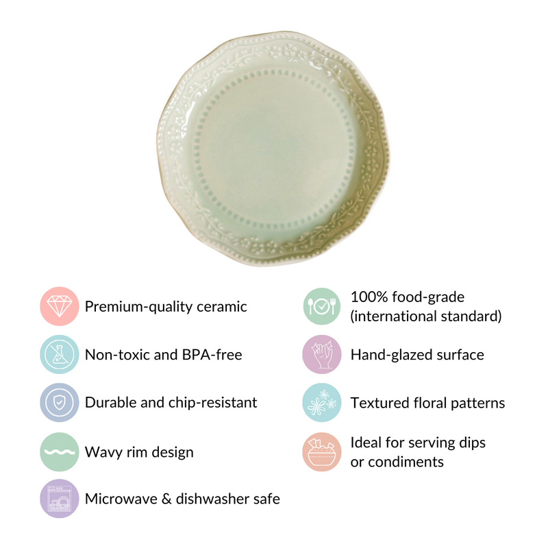 Era Embossed Small Dessert Plate Set Of 6 Light Green 4.5" - Dessert plates, small plates, ceramic dessert plates, dessert plate set, dip bowls