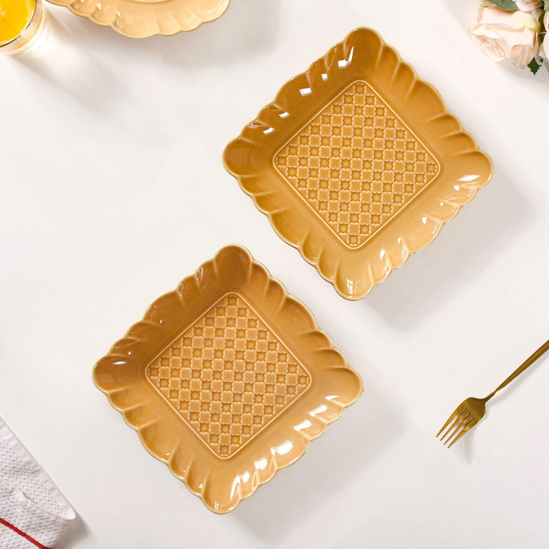 Elegant Scallop Rim Square Platter Set Of 2 Yellow Ochre 8 Inch - Ceramic platter, square platter, yellow platter, ceramic serving platter
