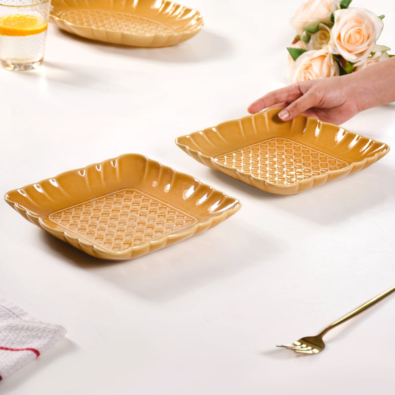 Elegant Scallop Rim Square Platter Set Of 2 Yellow Ochre 8 Inch - Ceramic platter, square platter, yellow platter, ceramic serving platter