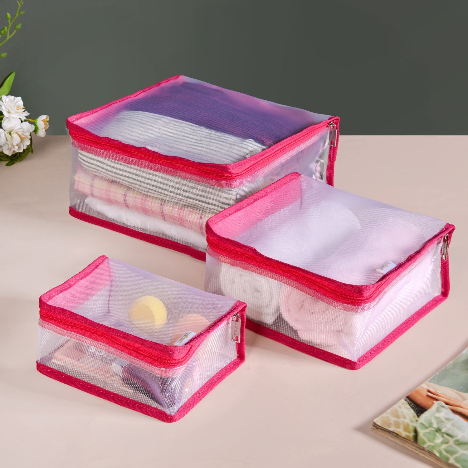Travel Organiser Storage Bags In Pink Set Of