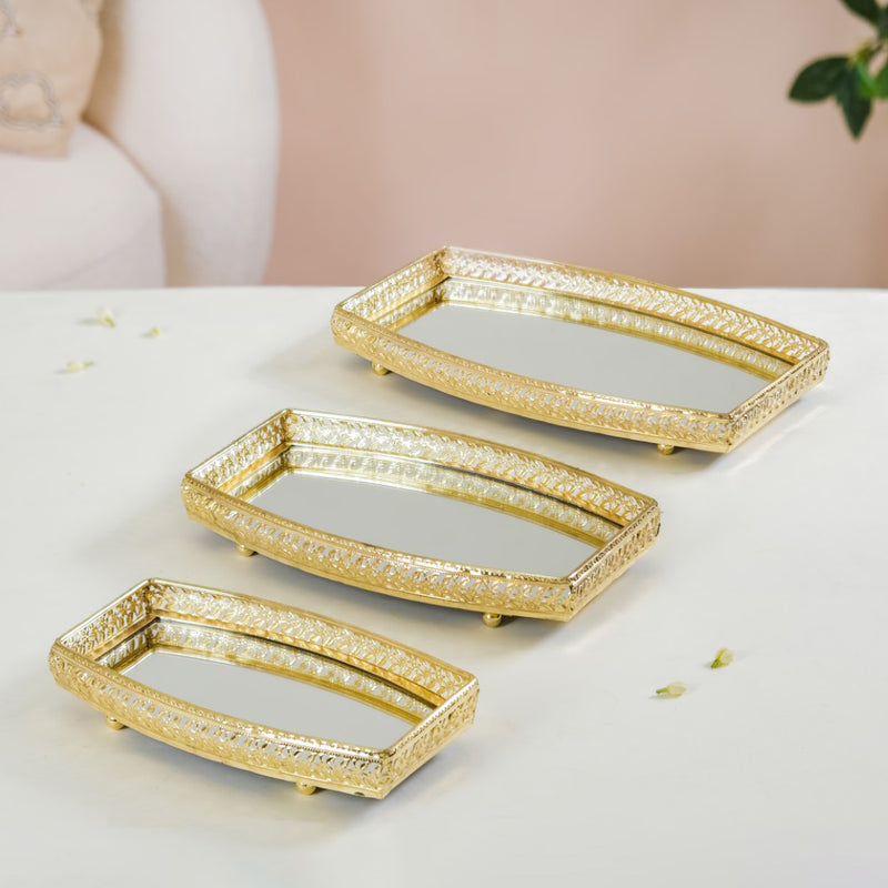 Luxury Mirror Tray Gold Set Of 3