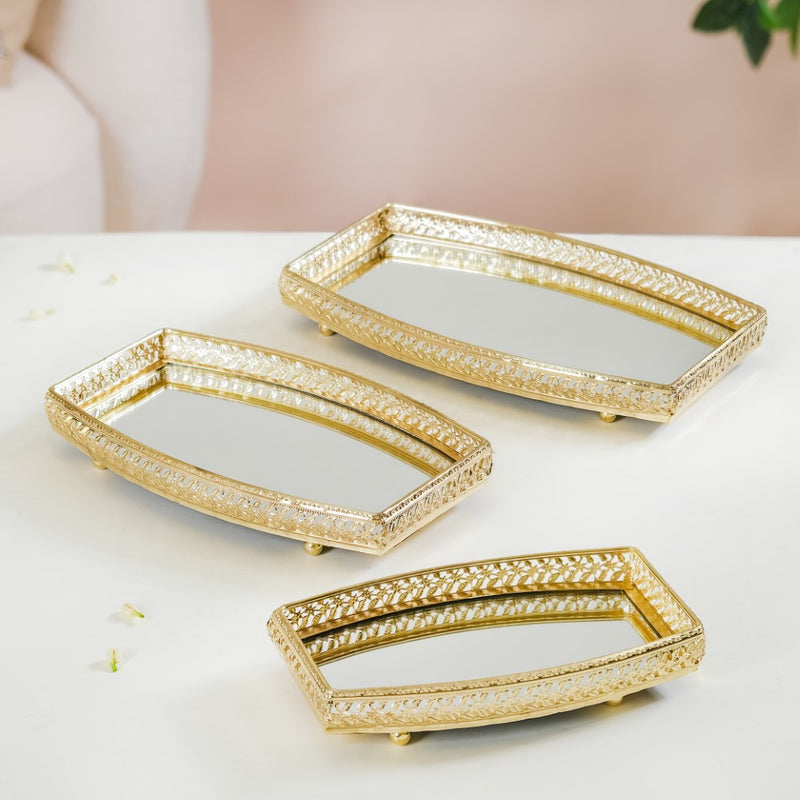 Luxury Mirror Tray Gold Set Of 3