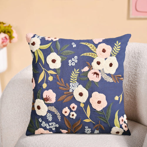 Tufted Floral Embroidered Cushion Cover