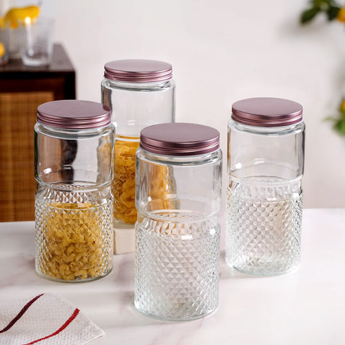 Vintage Embossed  Glass Jar With Rose Gold Lid Set Of 4 1500ml