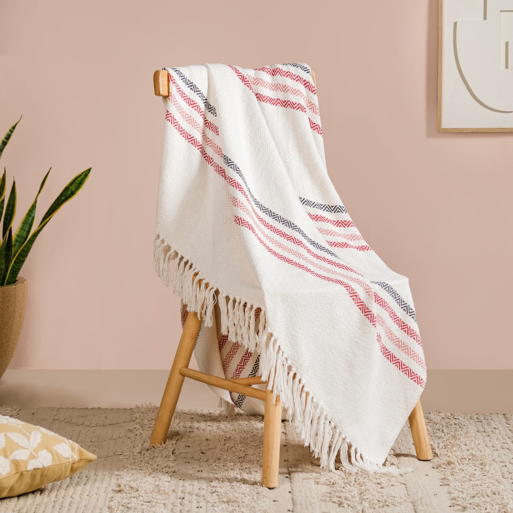 Chevron Stripe Pure Cotton Throw Blanket White - Main Image