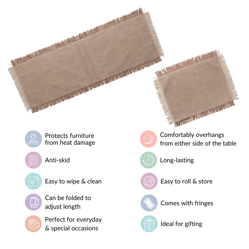 Woven Set Of Long Runner and 6 Table Mats Beige
