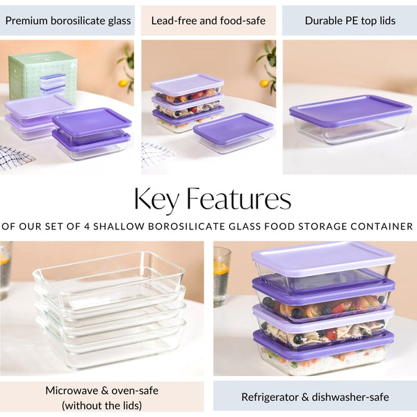 Set Of 4 Shallow Borosilicate Glass Food Storage Container 700ml