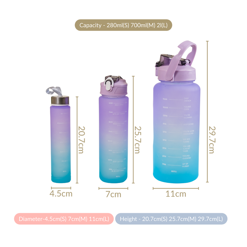 Gym Motivational Water Bottle Set Of 3 Lavender Blue- Water bottles, water bottle set, BPA free water bottles, water bottle with sipper