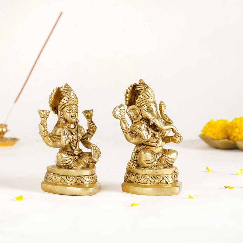 Ganesh Laxmi Pure Brass Statue Set Of 2 11cm - Laxmi and Ganesh Brass Statue, Pure Brass Laxmi Ganesh Idols, Decorative Laxmi Ganesh Home Decor