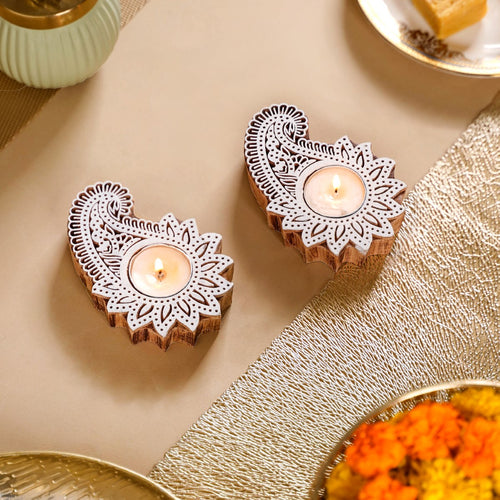 Floral Paisley Decorative Wooden Block Candle Holder Set Of 2 - Floral Paisley Candle Holder, Festive Candle Stand, Home Decor Candle Holder
