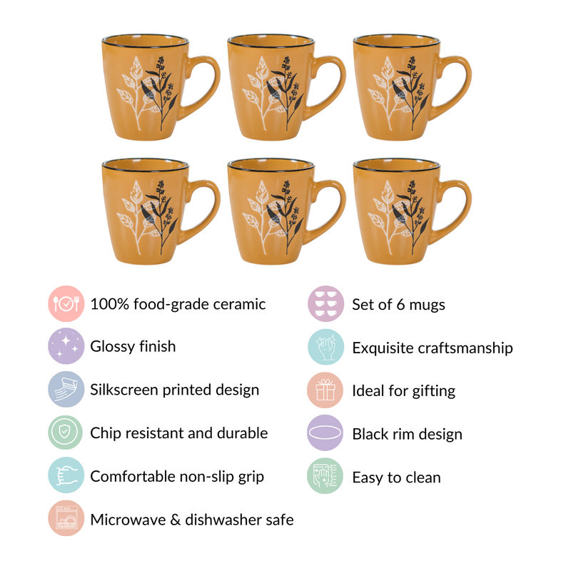 Filter Coffee Mug Set of 6 Mustard Ochre 250ml - Coffee mugs, coffee mug set, ceramic coffee mugs, printed coffee mugs