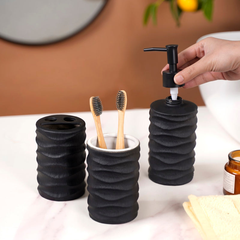 Black Wave Textured Bath Accessory Set Of 3