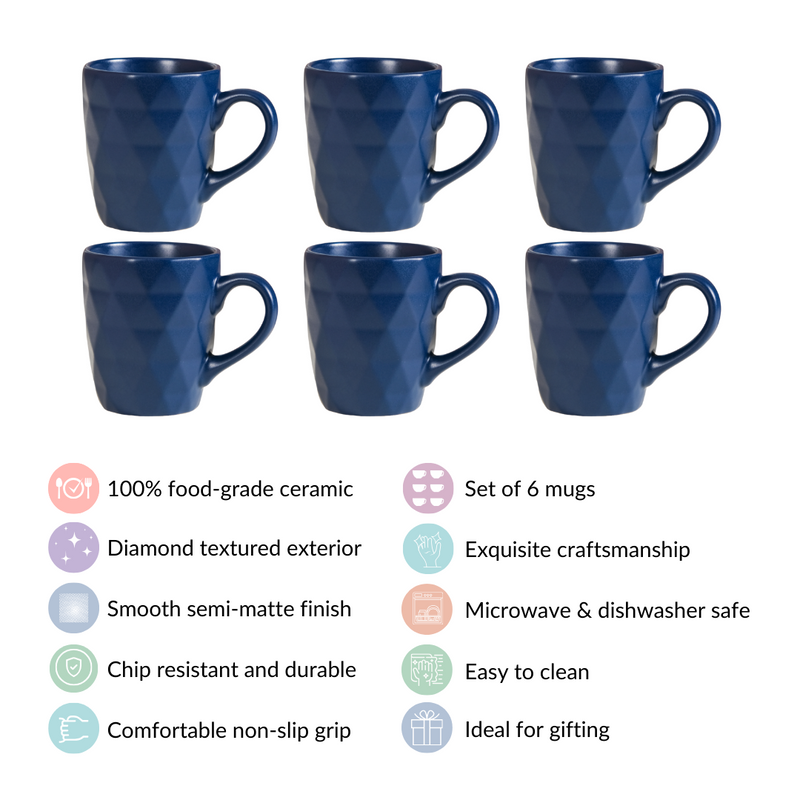 Just-The-Right-Size Tea Coffee Mug Set Of 6 Navy Blue 220ml - Tea cups, coffee cups, tea cup set of 6, coffee mugs, coffee mug set, blue coffee mugs