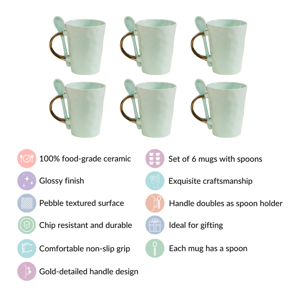 Pebble Textured Ceramic Mugs Set Of 6 With Spoons Mint Green 350ml