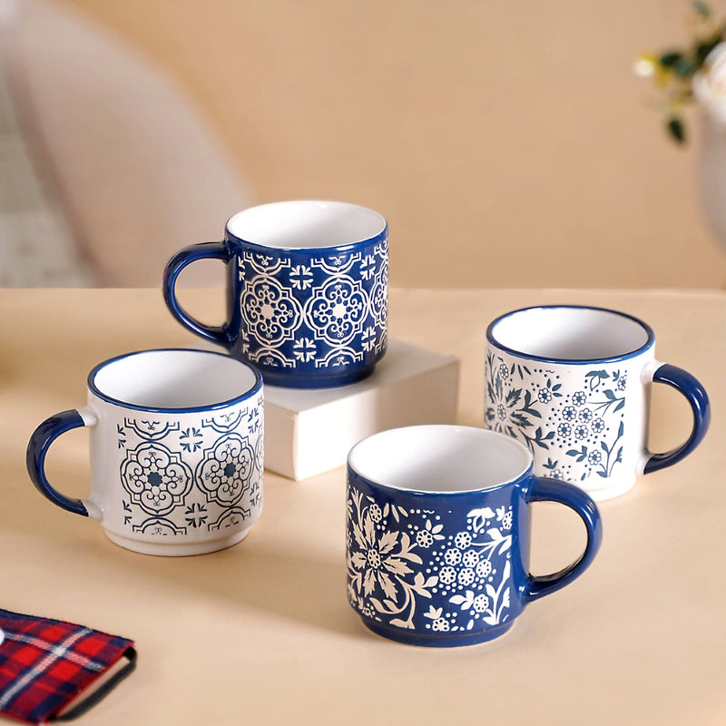 Floral Design Stackable Coffee Mugs Set of 4 240ml - Tea cups, tea cup set, coffee cups, coffee cup set, ceramic cups, ceramic tea cups
