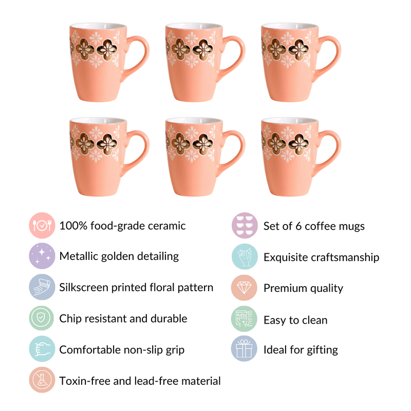 Peach Perfect Coffee Mug Set Of 6 350ml - Coffee mugs, coffee mug set, ceramic coffee mugs, printed coffee mugs