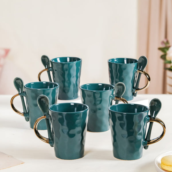 Cup With Spoon Set Of 6 Glossy Dark Green 350ml