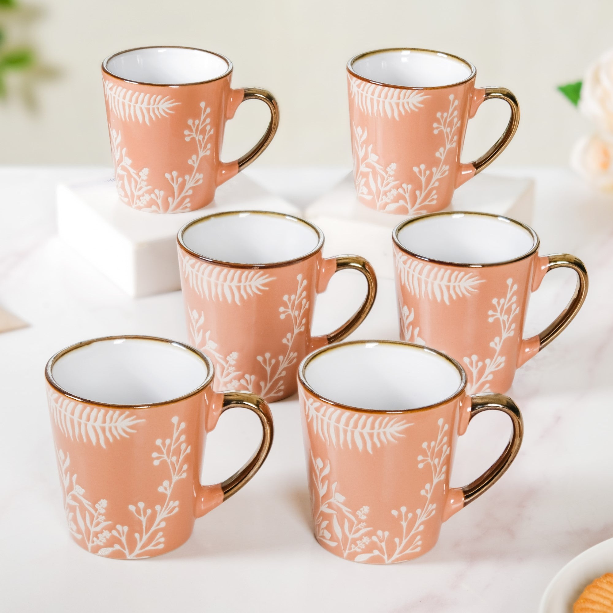 Pastel Peach Leaf Latte Mug Set of 6 200ml Online - Premium Coffee Mug ...