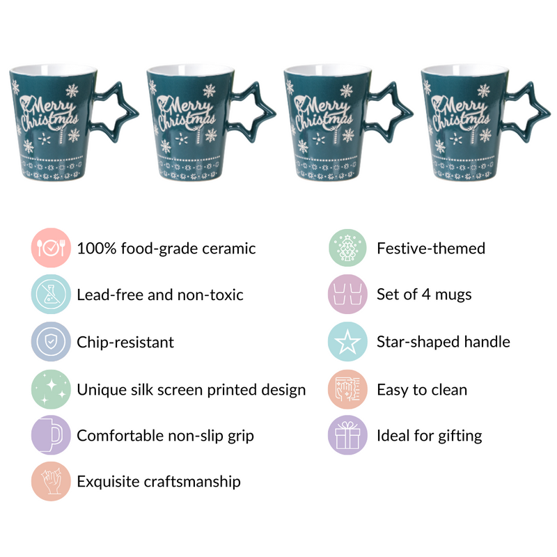 Merry Christmas Set Of 4 Cups With Star Handle Green 300ml - Coffee mugs, ceramic mug set, coffee mug set, christmas mugs