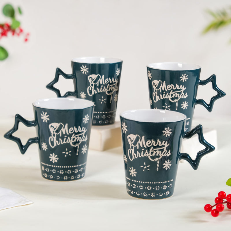 Merry Christmas Set Of 4 Cups With Star Handle Green 300ml - Coffee mugs, ceramic mug set, coffee mug set, christmas mugs