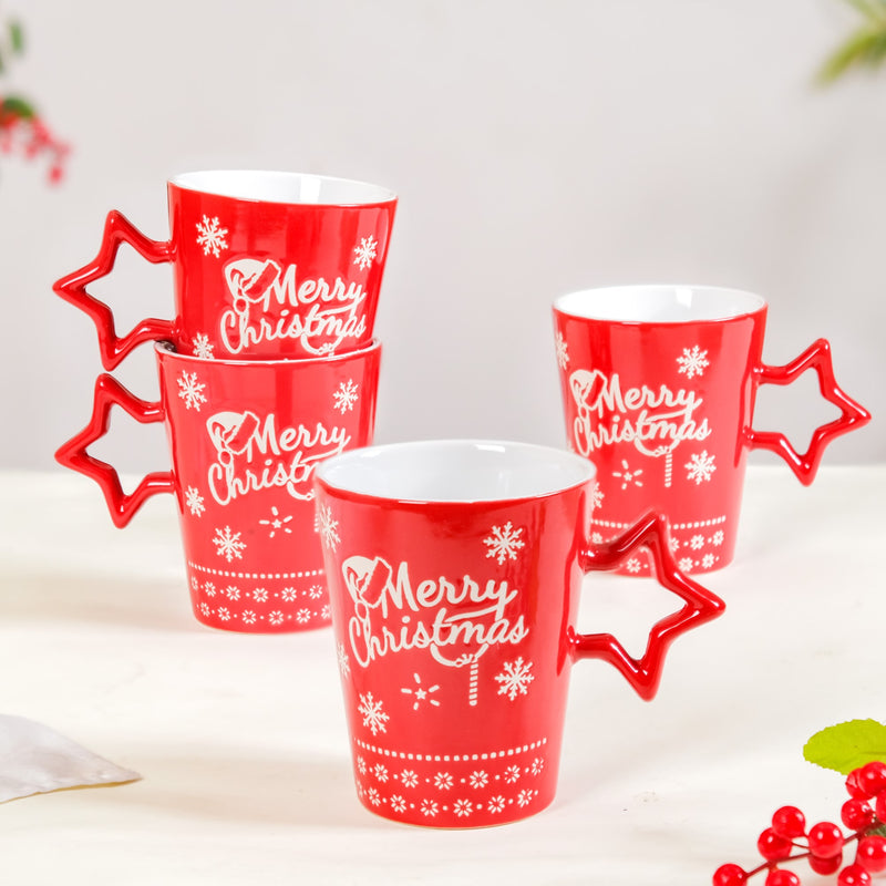 Merry Christmas Set of 4 Cups With Star Handle Red 300ml - Coffee mugs, ceramic mug set, coffee mug set, christmas mugs