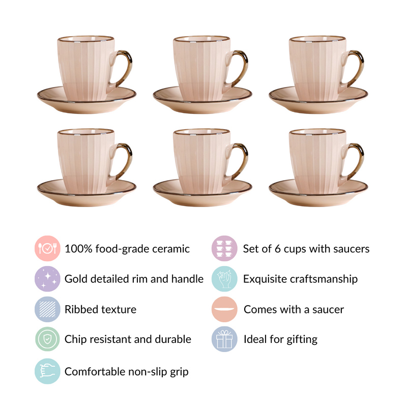 Nori Cup And Saucer Set Of 6 Linen White 250ml - Tea cup set, tea cups, coffee cups, cups and saucers, cup and saucer set, tea cup set of 6