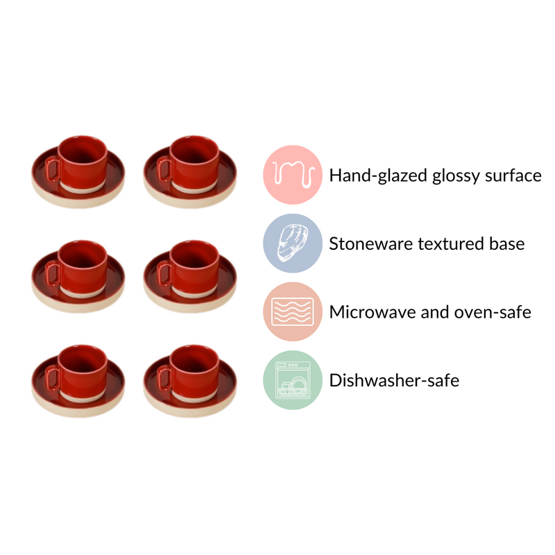 Chic Minimalist Tea Cup And Saucer Set Of 6 Maroon 100ml - Tea cup set, tea cups, coffee cups, ceramic tea cups, cups and saucers, cup and saucer set