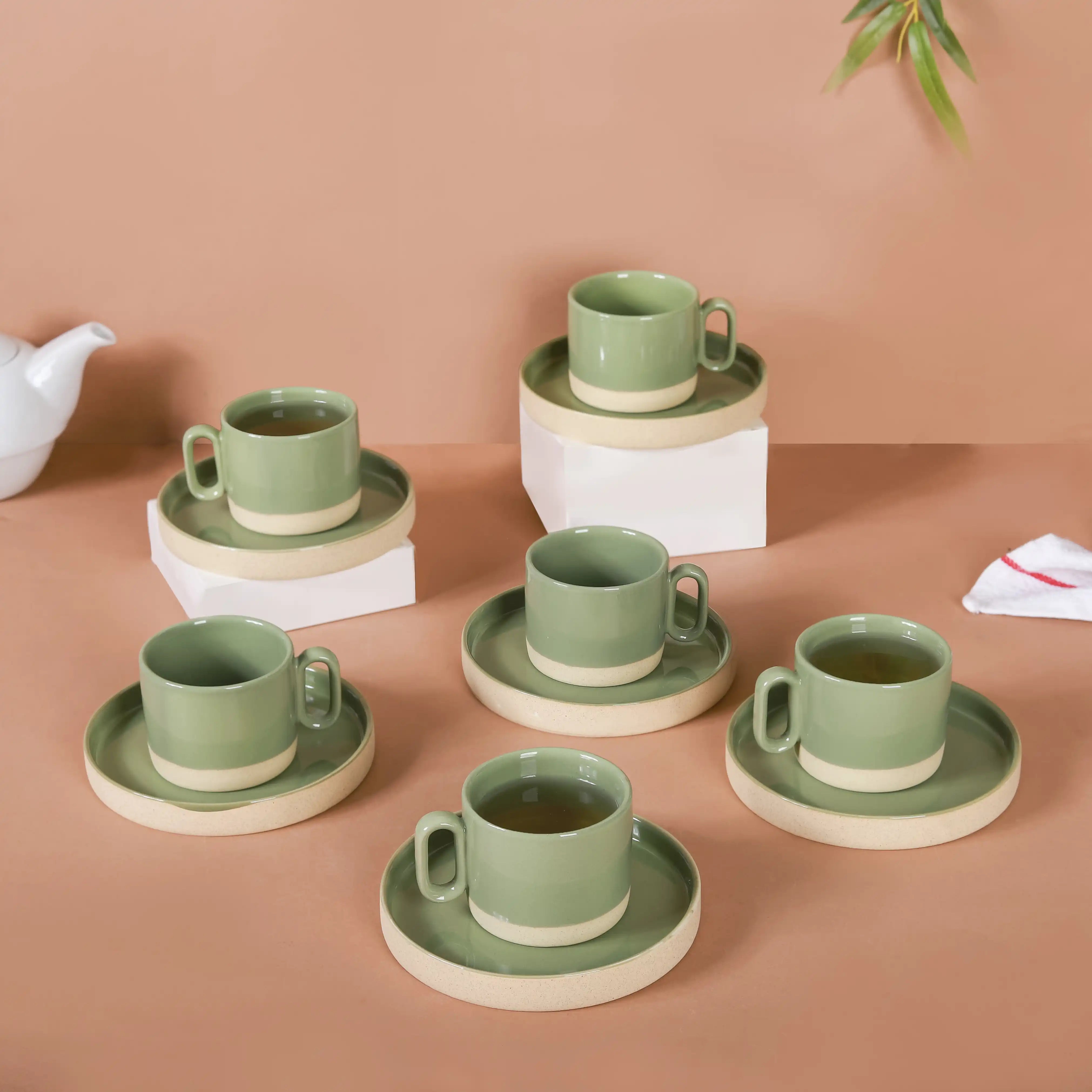Earthy Clay Cup And Saucer Set Of 6 Sage Green Online in India