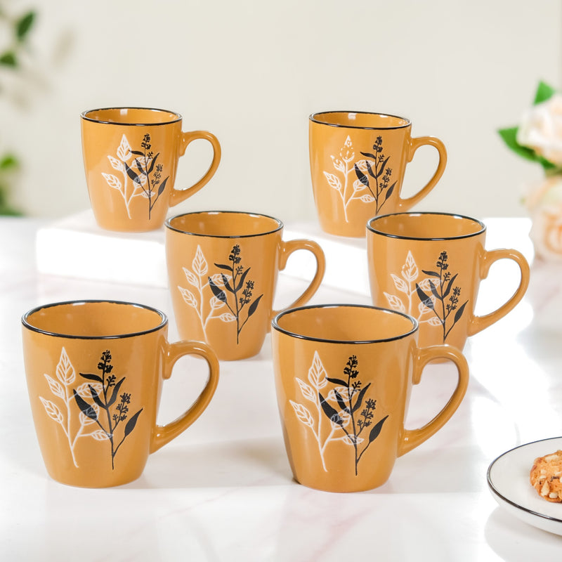 Filter Coffee Mug Set of 6 Mustard Ochre 250ml - Coffee mugs, coffee mug set, ceramic coffee mugs, printed coffee mugs