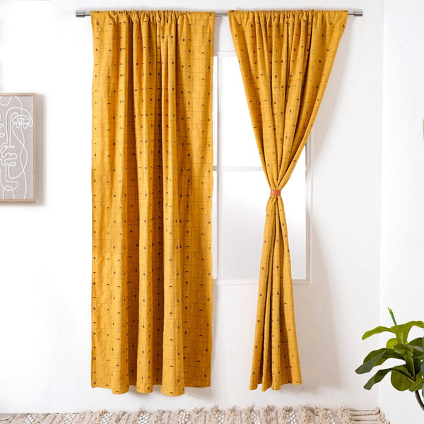 Abstract Embroidered Curtains For Living Room Set Of 2 Mustard 84x54 Inch