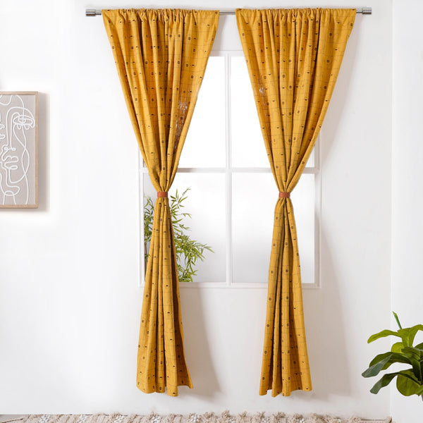 Abstract Embroidered Curtains For Living Room Set Of 2 Mustard 84x54 Inch