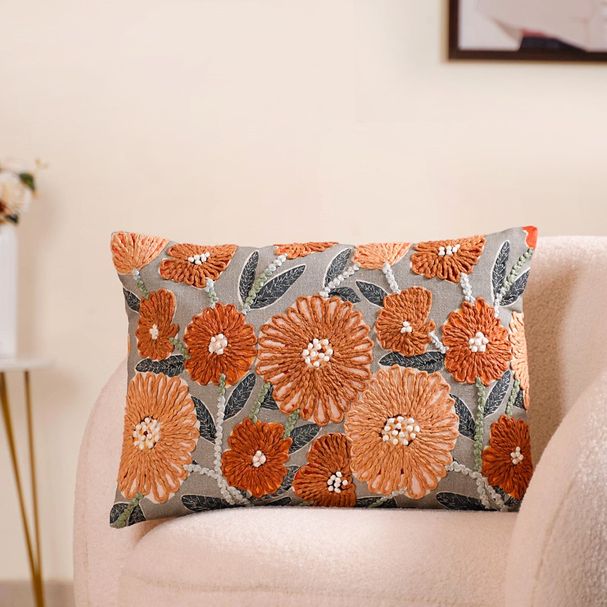 French Knot Embroidered Floral Cushion Cover 20x14 Inch Online Premium Cushion Cover Nestasia